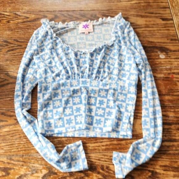 lisa says gah x kjp blue mesh flower checkered top sz Small - Picture 2 of 6
